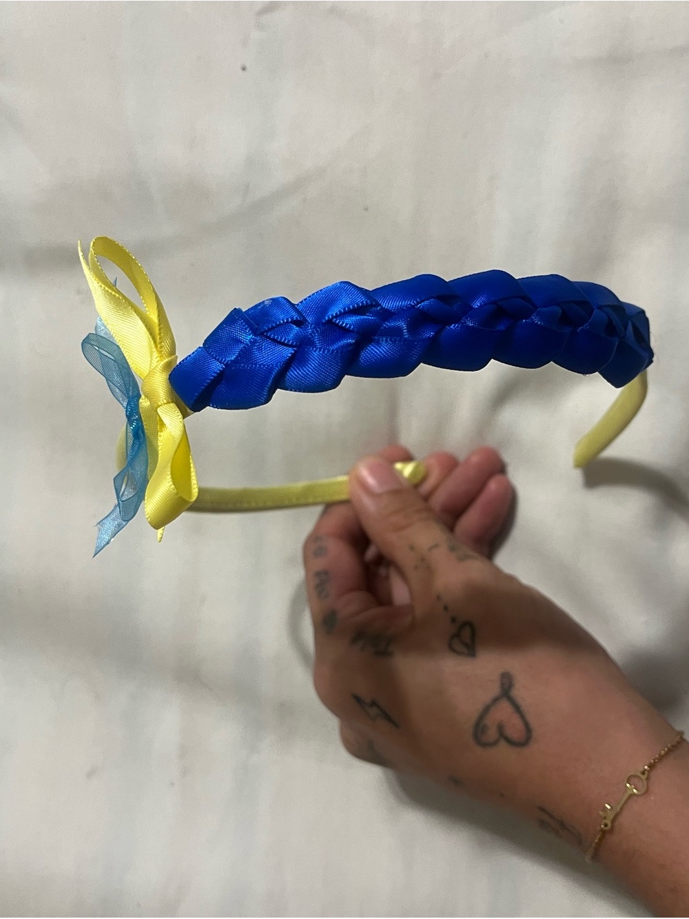 Handmade Plush Blue Pom-Pom Headband with Yellow Ribbon Accents for Kids - Picture 3 of 3